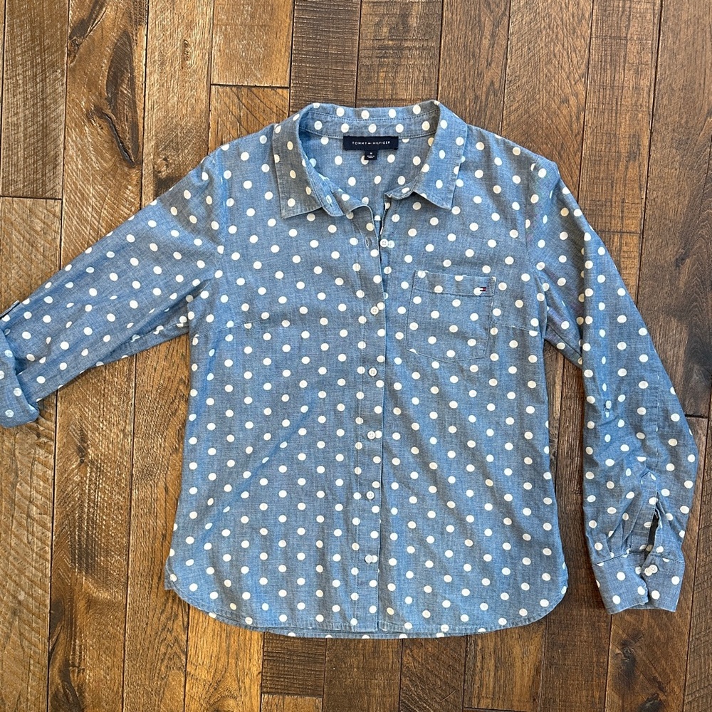 Tommy Hilfiger Chambray Shirt with White Polka Dots Womens Size M Excellent Cond
